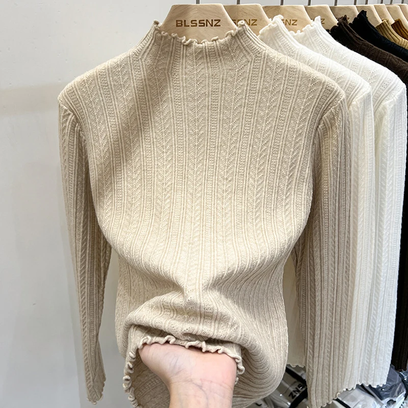 Elegante top basic lavorato a maglia con volant maglione dolcevita da donna manica lunga casual pullover sottile moda coreana abiti semplici chic