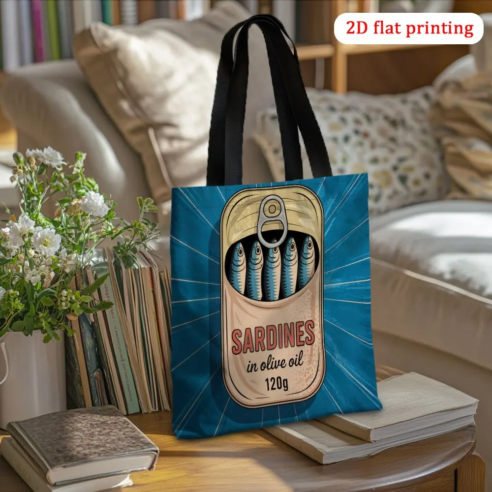 1pc Vintage Sardines in Olive Oil Can Design Tote Bag ,Polyester Shopping Bag with Fixed Shoulder Straps