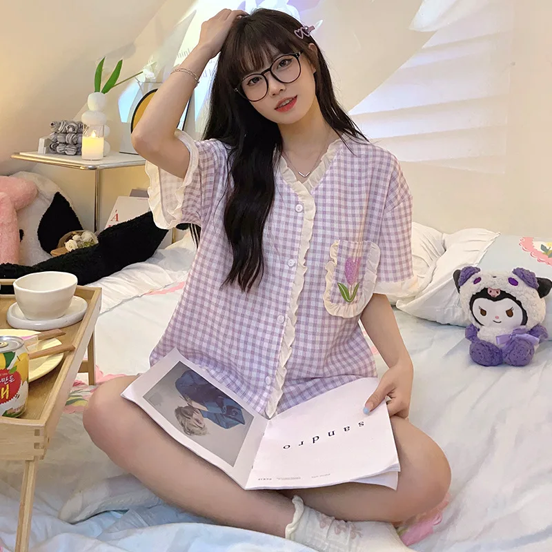 Модель 5XL, женская пижама, весенне-летний комплект из двух предметов с коротким рукавом, милая и милая Студенческая клетчатая Свободная Домашняя одежда принцессы