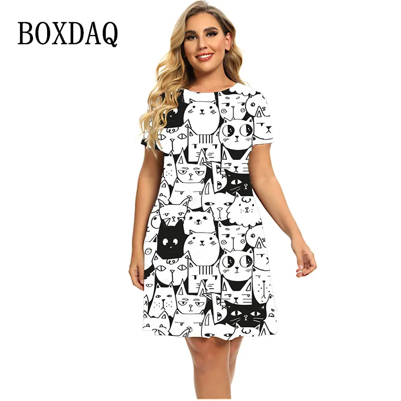 Gato engraçado pintura padrão impressão vestidos feminino manga curta em torno do pescoço a linha vestido verão moda roupas plus size vestido 6xl