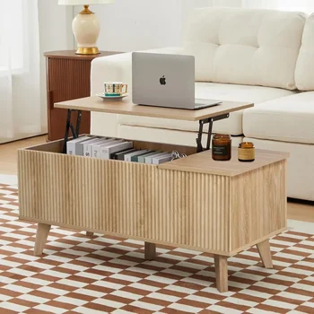 Image Wooden Fluted Lift Top Coffee Table with Hidden Compartment, Modern Rectangle Center Tables with Adjustable Storage Shelf