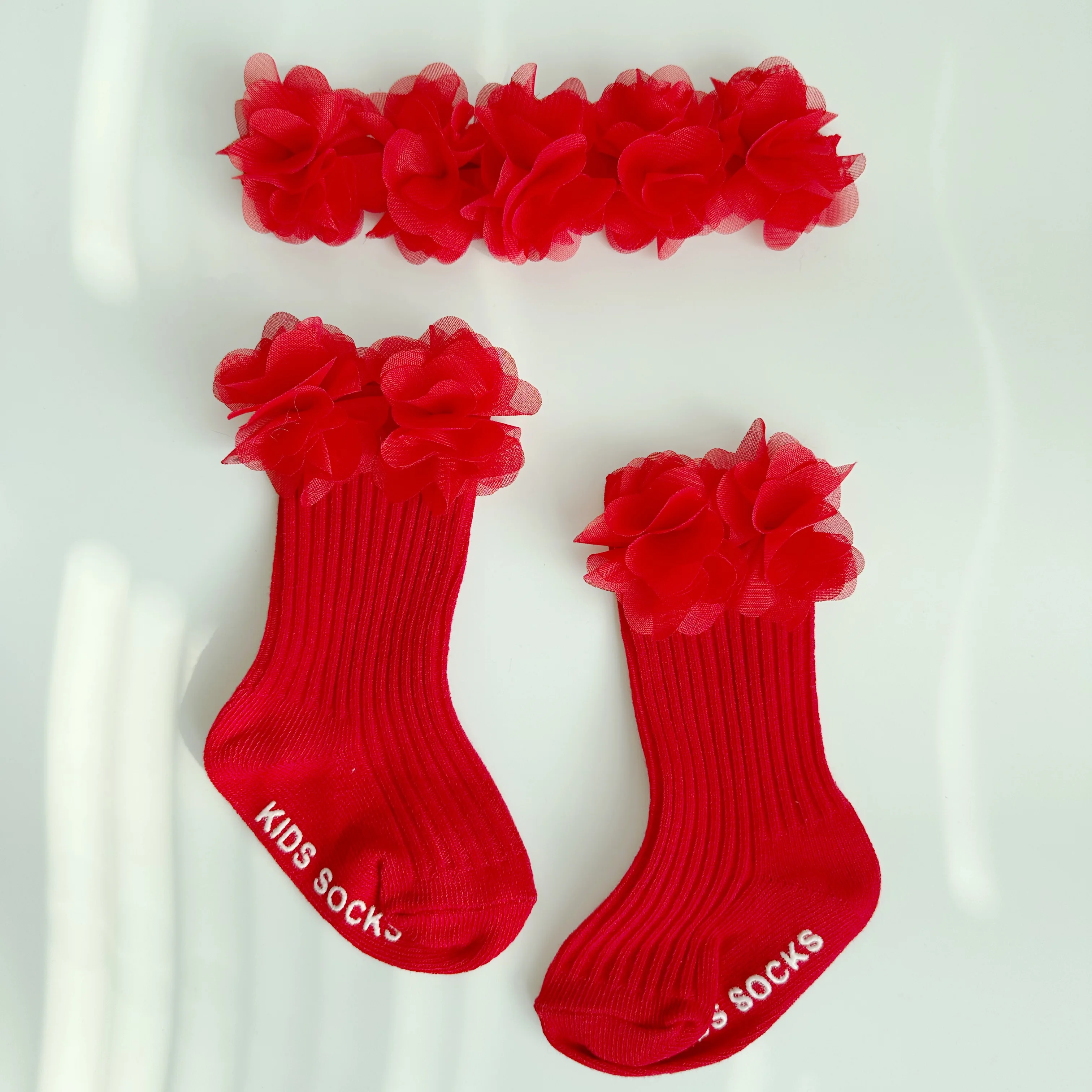 Baby Flower Headbands Mid Socks 2Pcs Red Set Soft Bows Hairband Cotton Knitted Socks Girl Infant New Year Shower Gift