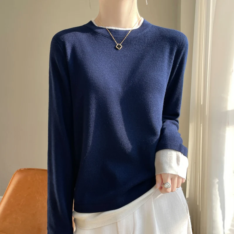 100% Wool Spring New O-neck Sweater Women Fashion Solid Fake Two Pieces Autumn Basic Top Loose Knit Long Sleeve Female Pullover