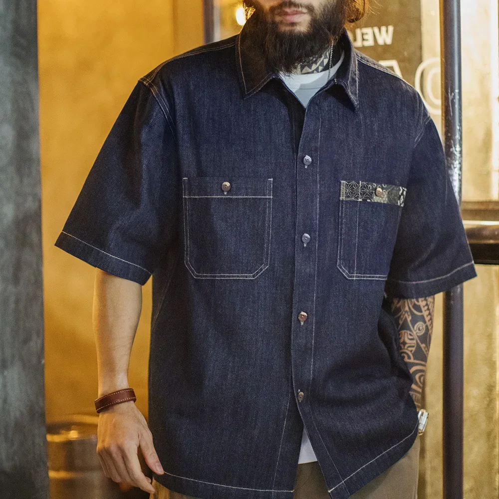 Maden Retro Boro Men's Summer Denim Short Sleeve Shirt Indigo Dyed Lapel Single Breasted Casual Overshirt Street Outfits Blouse