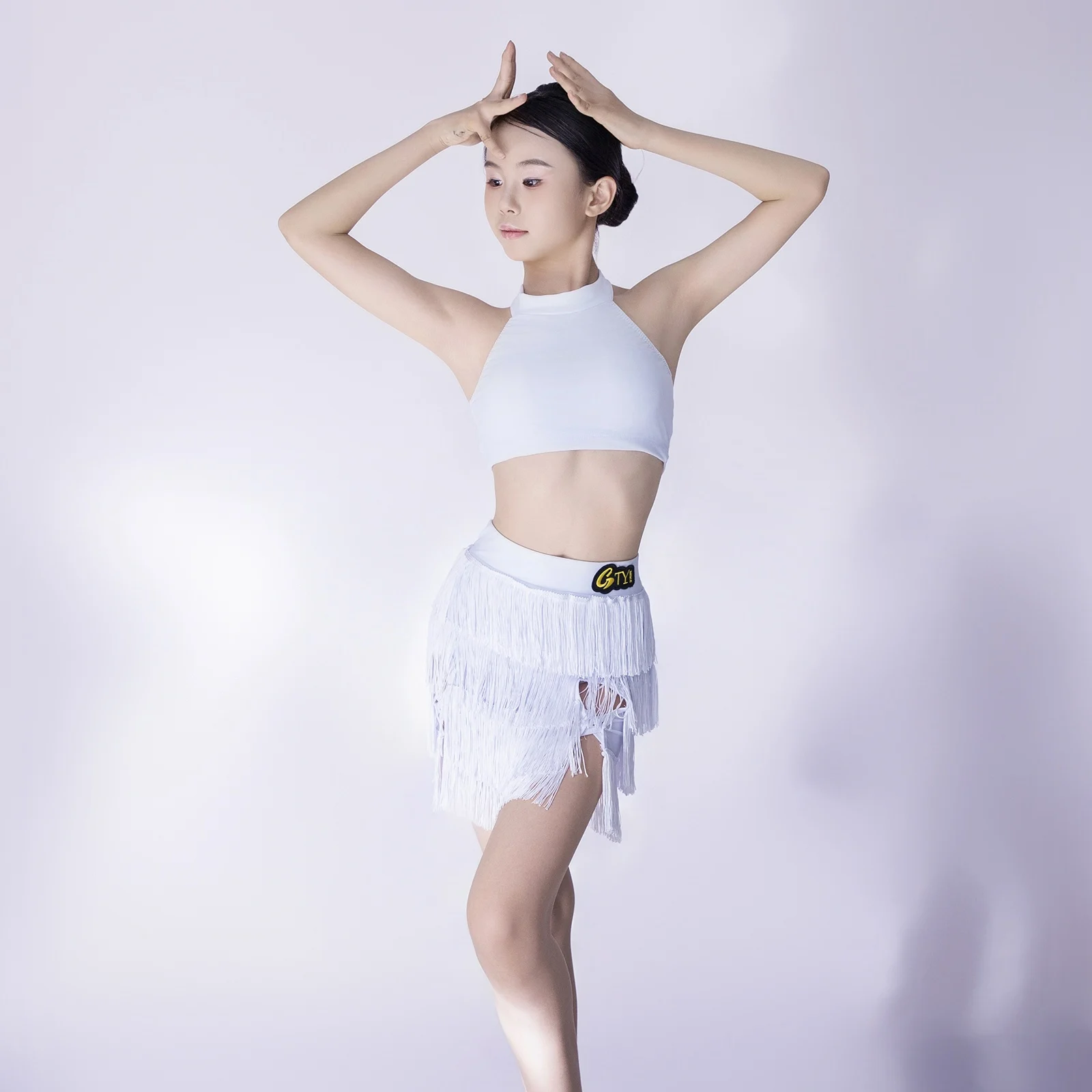 Meninas trajes de desempenho de dança latina pendurado pescoço topos borlas saias chacha samba prática roupas competição wear dql10813
