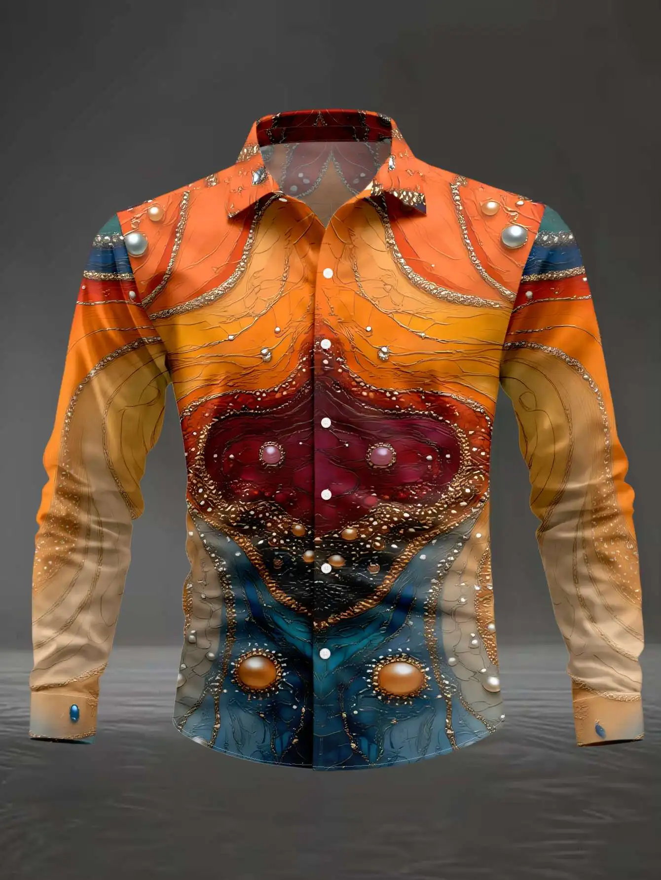 Men Vintage Gem Ornate Print Long Sleeve Shirt Turn‑Down Collar Button‑Up Polyester Party Stage Dress Blouse