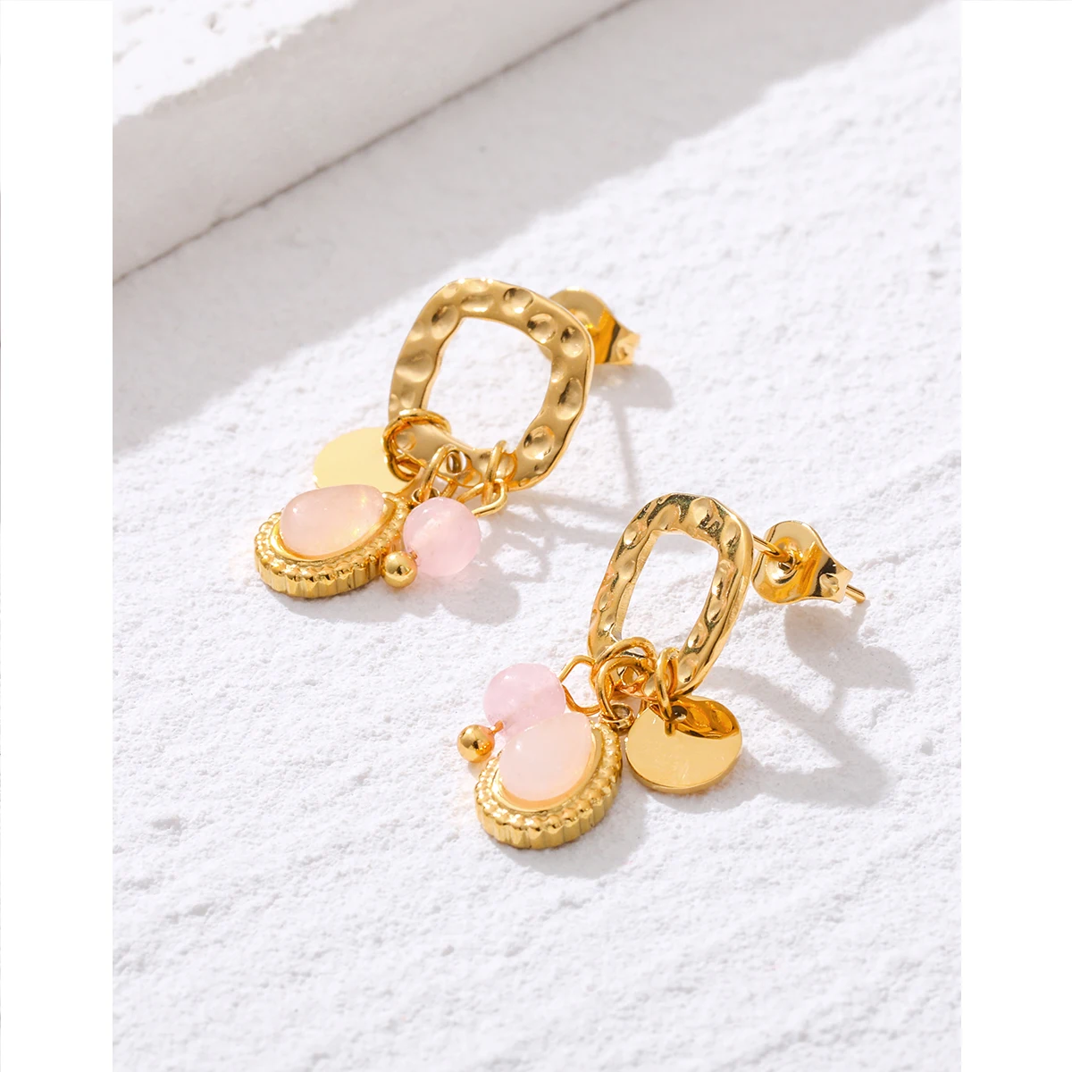 YACHAN 18K Gold Plated Stainless Steel Natural Stone Drop Earrings for Women Chic Cute Pink Charms Tarnish Free Jewelry