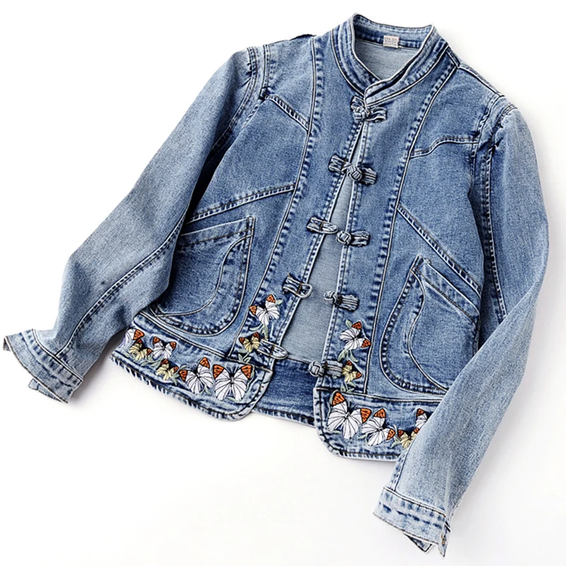

Women's Denim Jacket 2026 Spring Autumn Design Sense Age-reducing Lady Outerwear Jacquard Single-breasted Ladies Cowboy Coat