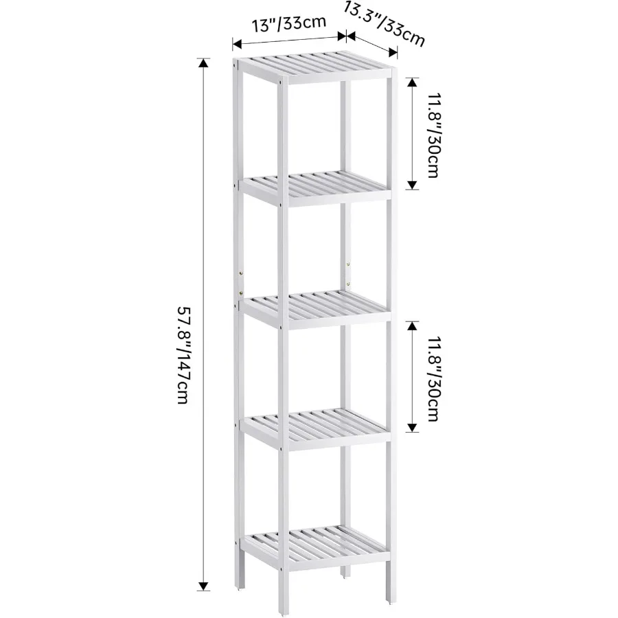 Prateleira de armazenamento para banheiro, 5 camadas, bambu, organizador, prateleira multifuncional para sala de estar, quarto, cozinha, branco