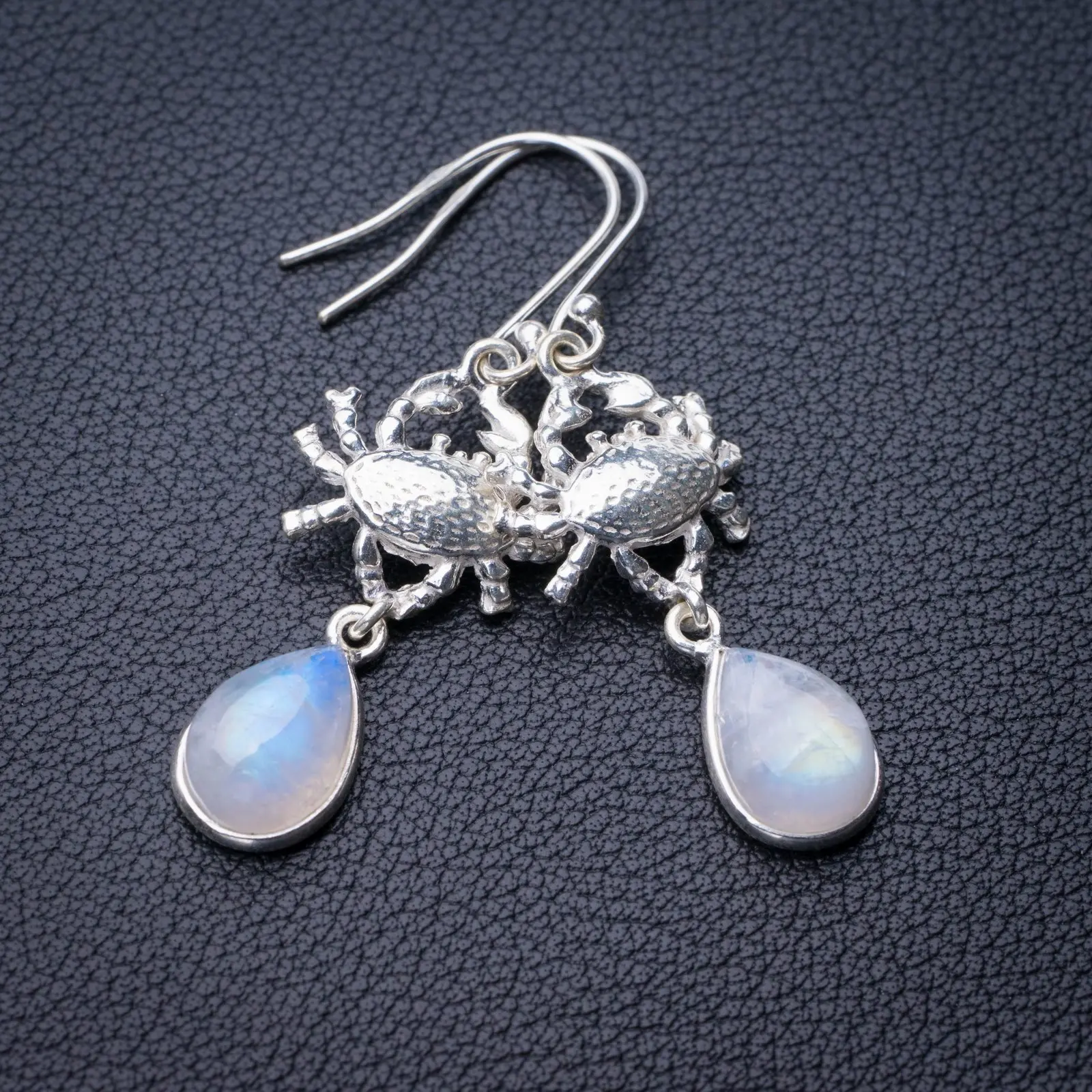 

StarGems Natural Rainbow Moonstone Crab Handmade 925 Sterling Silver Earrings 2" E0739