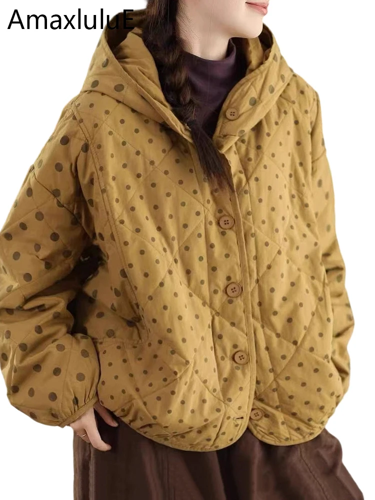 Amax LuluE Bohemia Winter Coats Womens Fashion Dot Padded Jackets Ladies Hooded Casual Oversized Warm Parkas Classic Outerwear