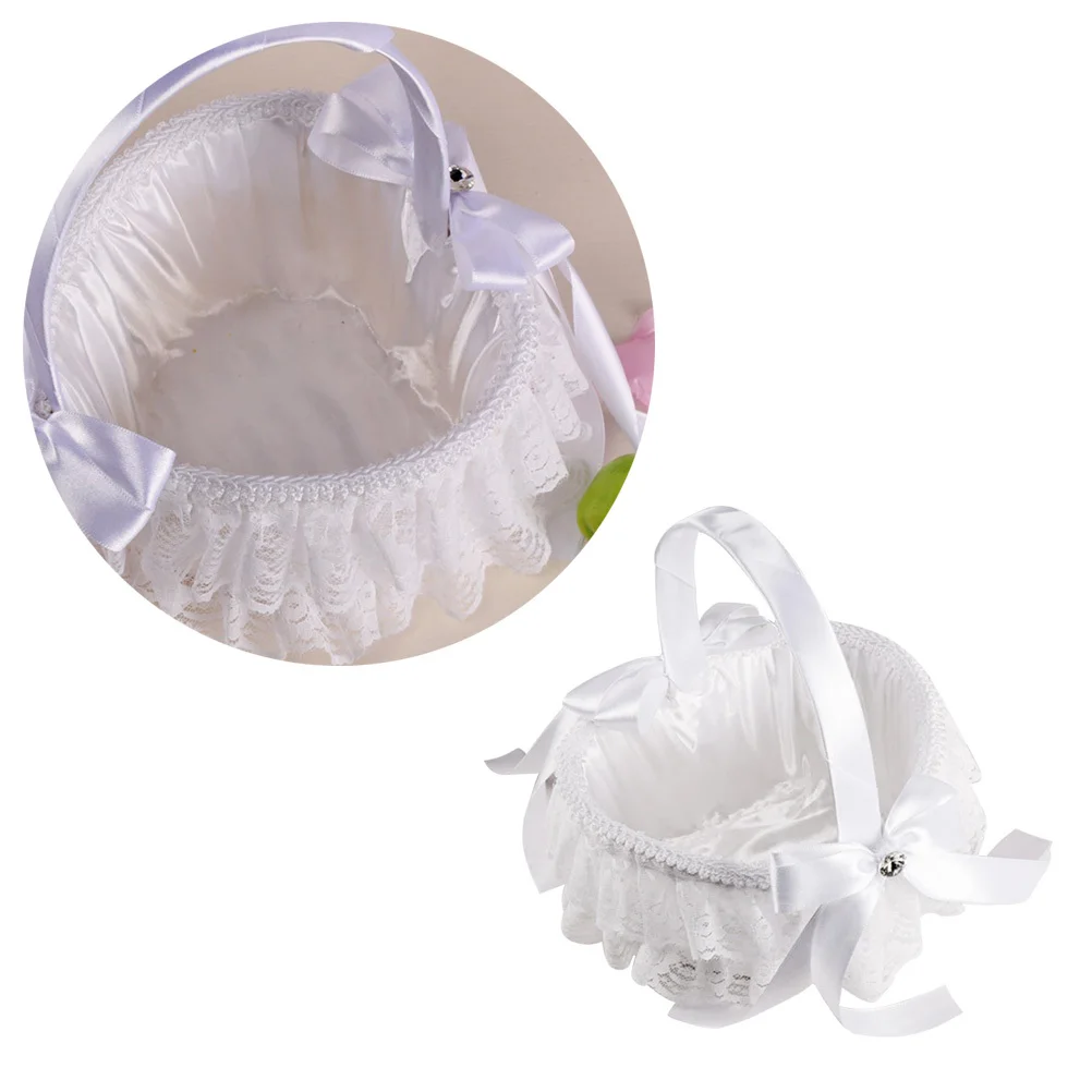 Bride Basket Lace Ribbon Wedding Bowknot Flower Girl Basket White Hl-5610-Bs Rose Petals Holder Matrimony Processions Ceremony