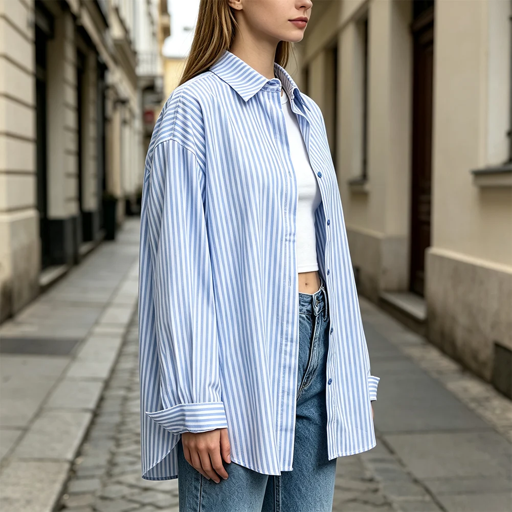 Fashion Casual Wear Stripe Lapel Blouse Polyester Fabric Blend Striped Pattern Design Polyester Casual Wear Women