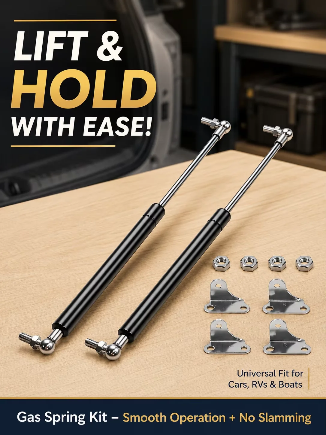 600N Gas Spring Strut Kit w/ Mount Brackets, Universal Hydraulic Rod, Smooth No-Slam for RVs,Boats,Car Cabinets