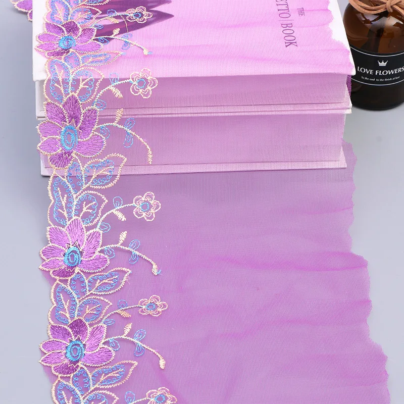 1 Yard Purple Floral Embroidered Lace Fabric Trim Curtain Headwear Accessories Sewing DIY Repair Craft 21CM Wide