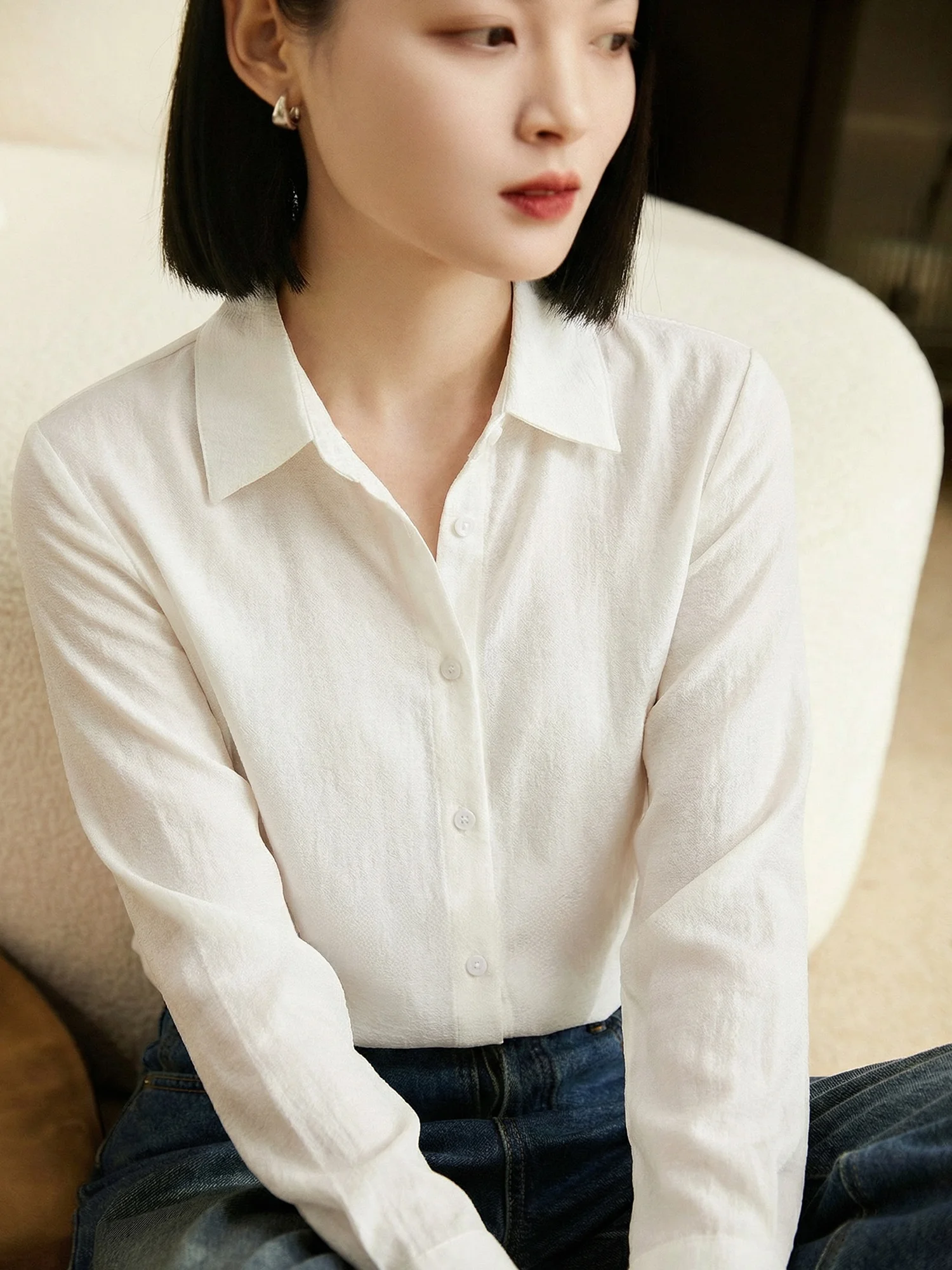 

Chivirin High-End Women's Long Sve White irt Lenzing Wool Blend Base Layer irt Casual Loose Fit Breathable Skin-Friendly