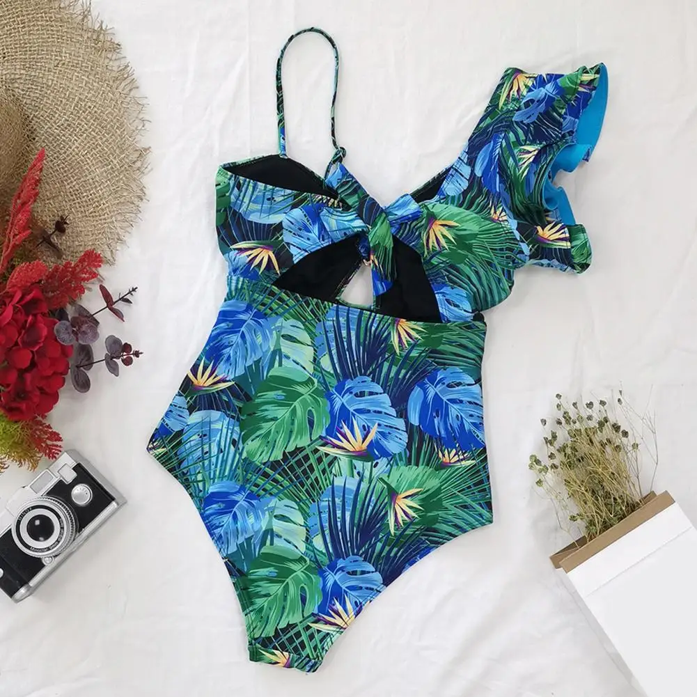 Women Summer One-piece Bikini Women Monokini Swimsuit Tropical Leaves Print V-neck Monokini Ruffle Sleeve Swimwear for Women