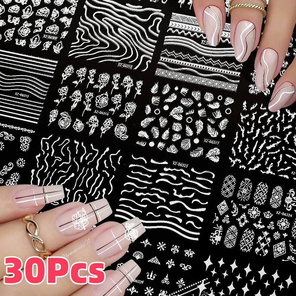 30 個 3D ホワイトフレンチフラワーリーフネイルステッカー愛、スター、幾何学ライン自己粘着ネイルデカールレトロウェディング DIY スライダー &