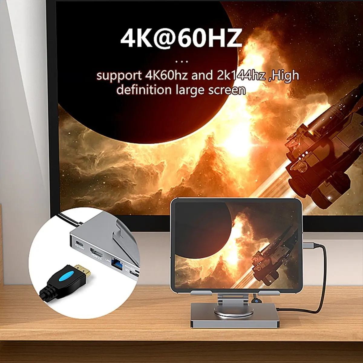 A10I 9 in 1 USB C Hub with 360° Rotating Stand -Compatible 4K60Hz PD 100W USB 5Gbps SD TF Aux 3.5mm for Pro Tablet