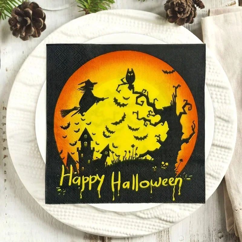 20Pcs 2Ply 33cm Halloween Napkins Witch Cat Bat Haunted House Disposable Paper Napkins for Party Decor