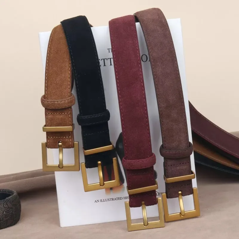 Genuine Leather Women Belts Classic Golden Buckle Suede Belt Trendy Solid Color Dress Coat Girdle For Women