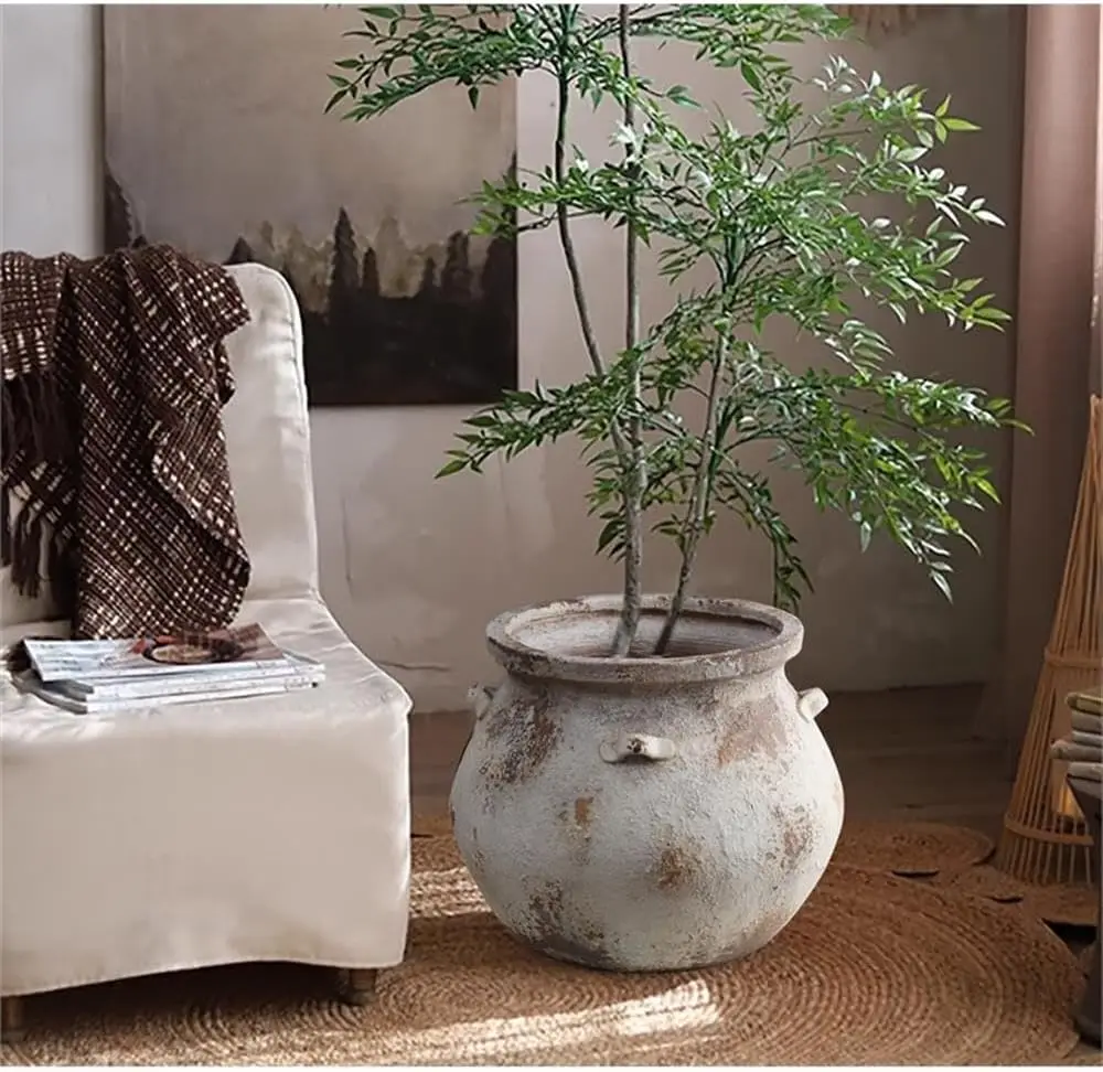 Indoor and Outdoor Home Patio Garden Planter, Handmade Concrete, Off White, Rustic Distressed with Drainage Holes