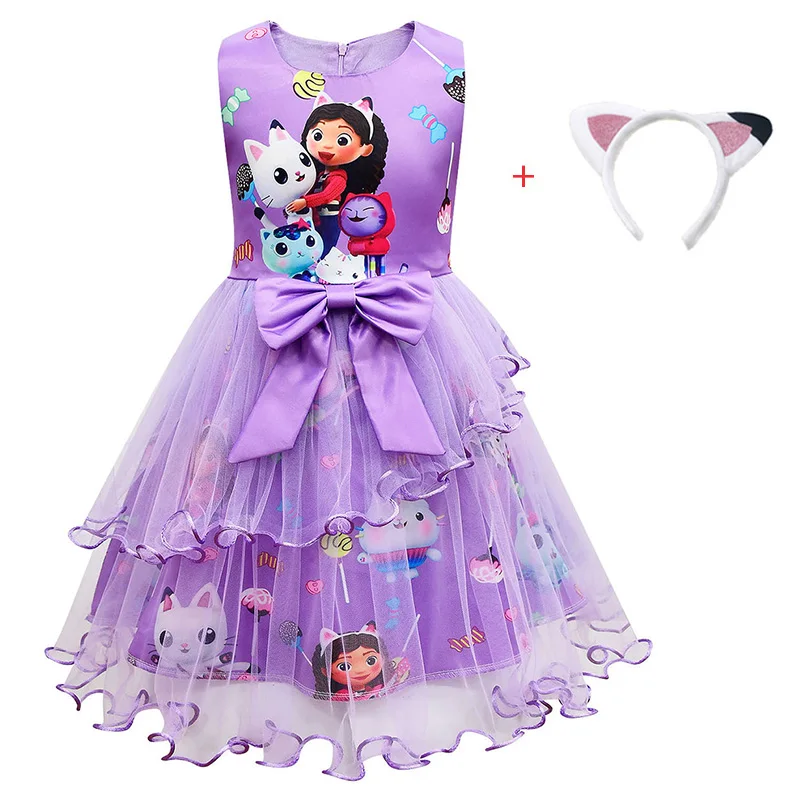 Gabby's Doll House Clothes Cartoon Gabby Cats Baby Girl Dresses Kids Cosplay Costume Children Sleeveless Casual Dress + Headband