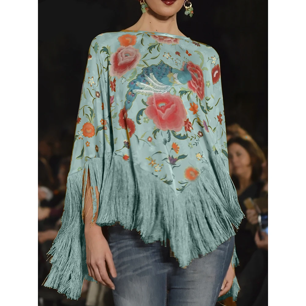 Women Vintage Floral Tops 2025 Spring Autumn Elegant Pullover Oversize Irregular Tassel Hem Cape Cloak Pull 2025 Femme Bohemian
