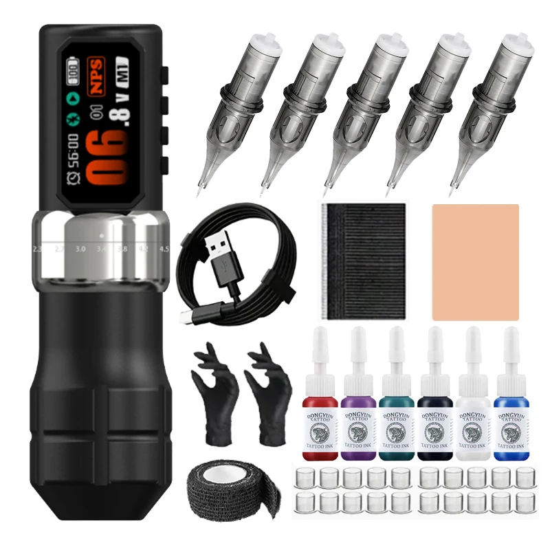 

Wireless Rotating Tattoo Machine Kit USB Rechargeable 2200mAh Battery 5 Tattoo Needles 6 Colors Ink Festive Gift Set