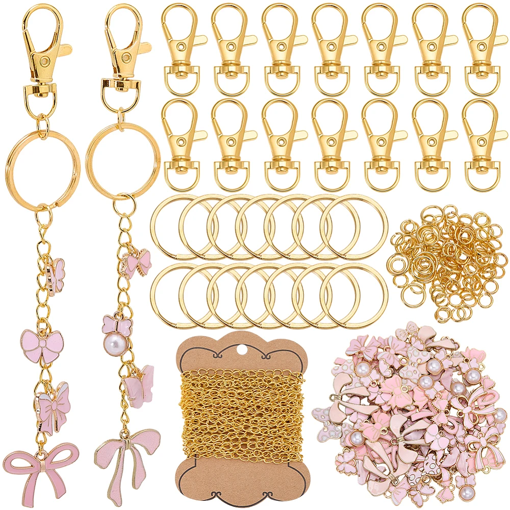 241Pcs Lip Gloss Keychain Making Kit 100 Pink Butterfly Enamel Charms 16.4 Feet (5m) Gold Jewelry Chain with Key Ring Swivel