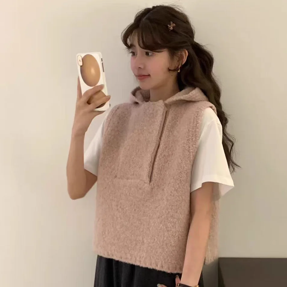 

Loose Knitted Furry Vest Top Hat Circle Cozy Sweater Autumn Outerwear Women's Faion Commute Sle k Button Other Material