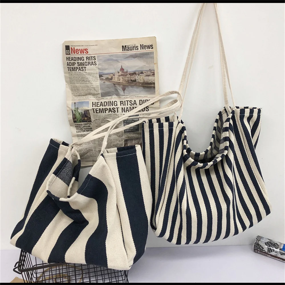 Striped Canvas Bag for Women Simple Literary Shoulder Bag Large Capacity Lazy Wind Canvas Hand-held Shopping Bag Casual Tote Bag