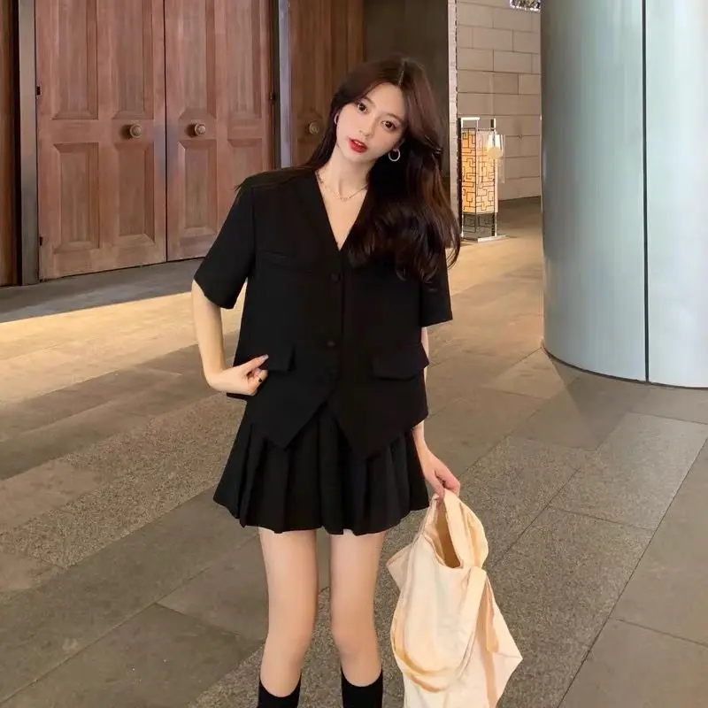 Single/Set Fashion Short Sleeve Suit Set Women\'s Summer Korean Edition Reduced Age Small Figure Pleated Skirt Two Piece Set