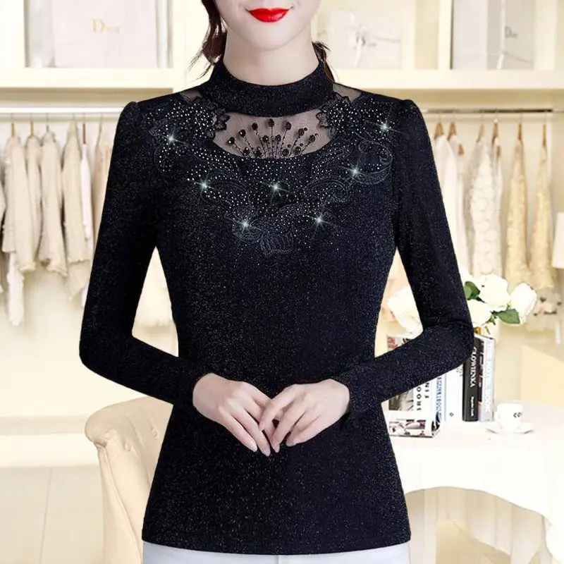 2023 Autumn and Winter Women\'s New Fashion Mesh Solid Bottom Small Shirt Casual and Comfortable Versatile Lace Thin Top