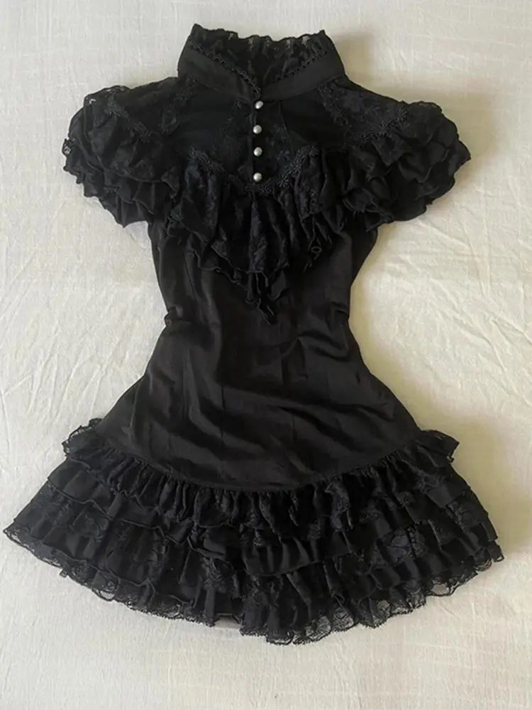 

Black Lace Patchwork Short Sleeve Slim Fit Shirt Women+ Y2k Vintage High Waist Cake Skirts 2025 Summer New Two Piece Sets