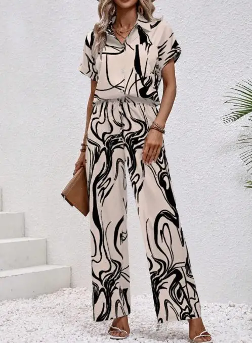 

2025 Summer New Women's Fashion Elegant Leisure Multi functional Line Short sleeved Shirt and Pants Set
