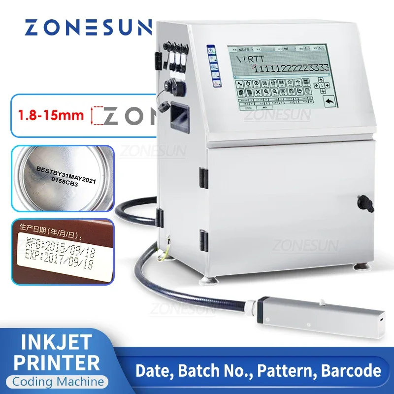 ZONESUN Tabletop Inkjet Printer Coding Machine 15mm QR Barcode Batch Expiry Date Serial Number Logo Touch Screen ZS-TIP15