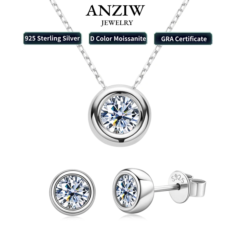 

Moissanite Jewelry Set 925 Silver Bezel D Color Diamond Pendant Necklace Piercing Stud Earrings for Women Men Gift Free Shipping