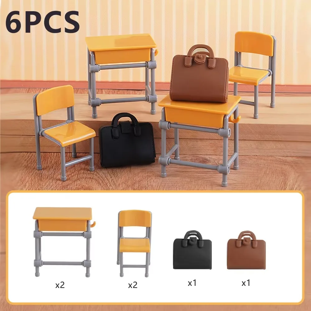1 Set Schoolbags Miniature Desks Chairs Classroom Model Furniture Mini School Playset Plastic DIY Dollhouse Accessories