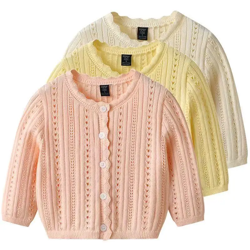 

2026 New A-Class Pure Cotton Hollow Out Knit Shrug Thin Summer Infant Kids Open Cardigan Wholesale for 80-120cm