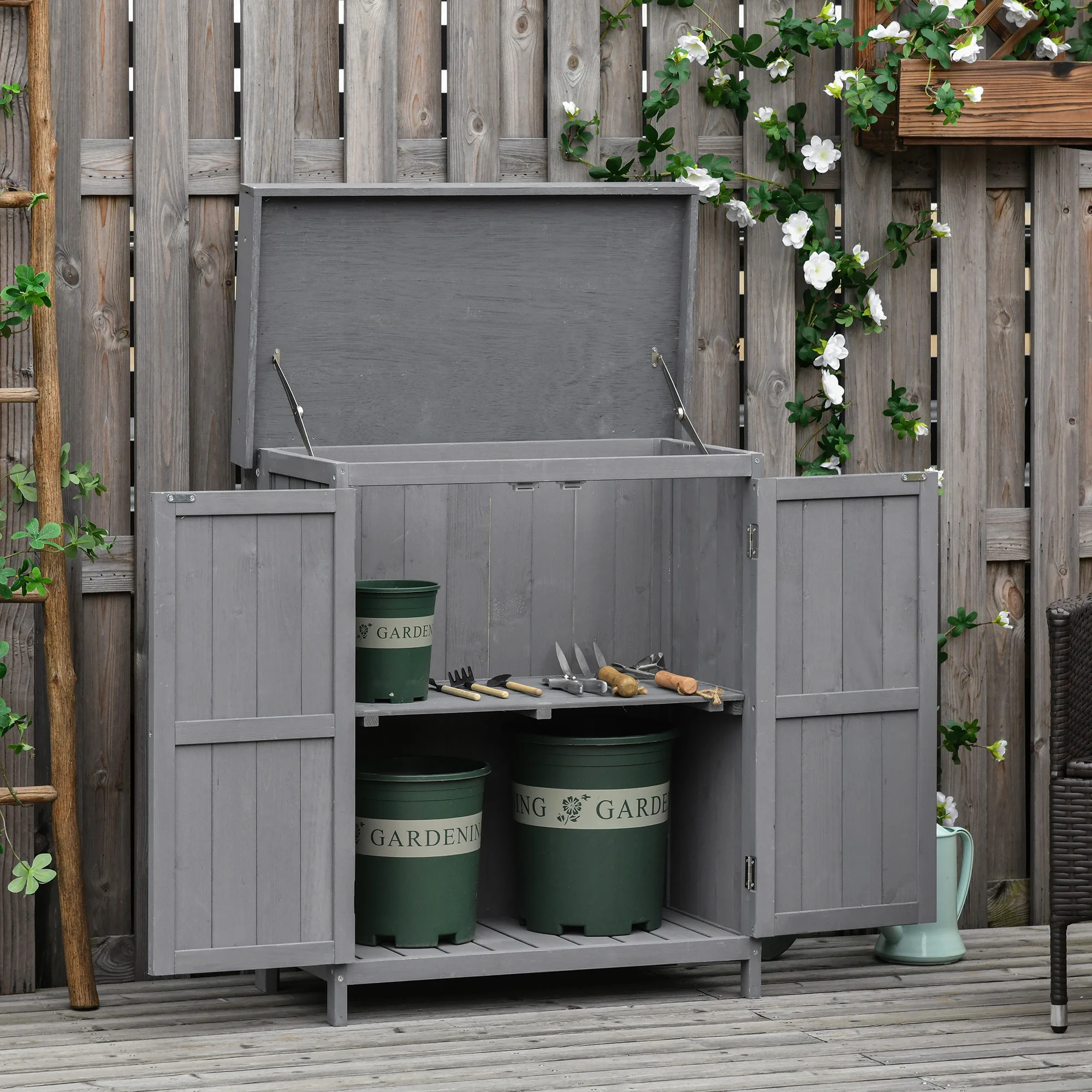 Outsunny wooden garden cabinet 74x43x88 cm outdoor tool storage shed firewood with 2 doors and gray folding asphalt roof