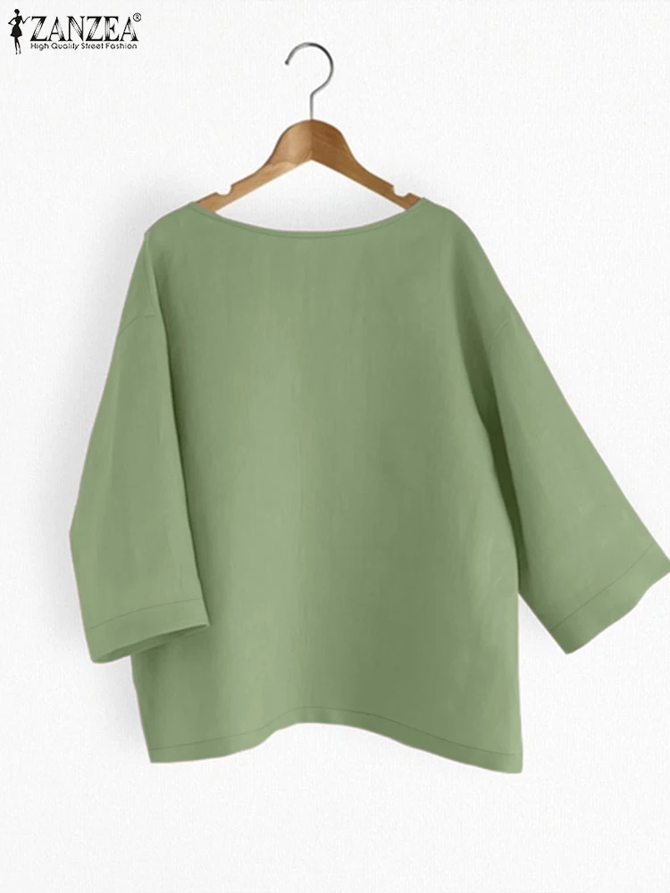 ZANZEA Womens Casual Blouses 2025 Spring Fall Round Neck Three Quarter Sleeves Blusas Mujer Day Wear Solid Color Chemise Femme