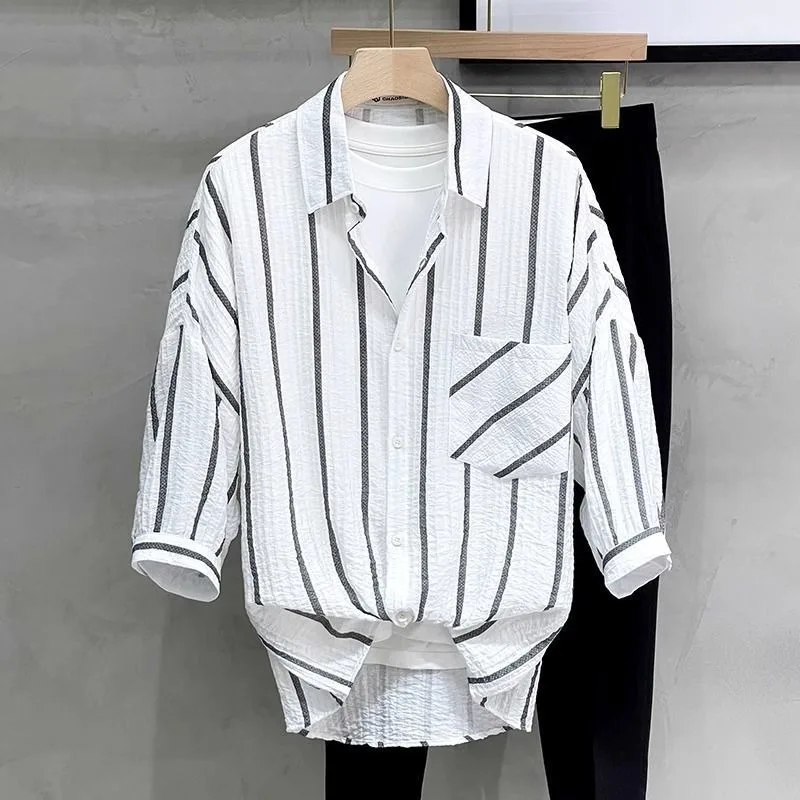Extra Large Size Ice Silk Vertical Striped High-end Shirt Men's Short-sleeved Hong Kong Style Trendy Loose Casual Shirt Summer