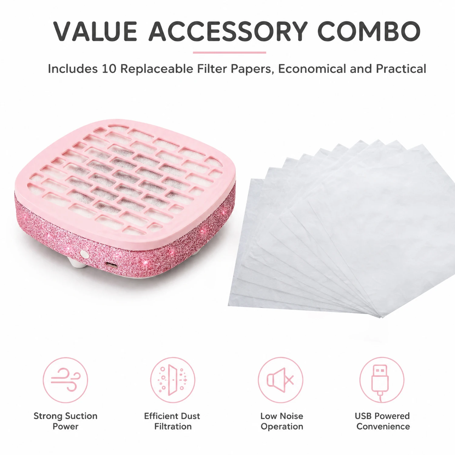 858‑M3 Nail Dust Collector, High‑Suction Low‑Noise Nail Vacuum Cleaner, Rhinestone‑Decorated Shell, Type‑C Power Supply, One‑Touch Switch, Removable Filter Cover, Comes with 10 Filter Papers, For Salon & Home Nail Art 7