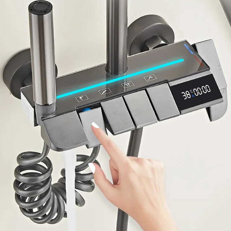 Bathroom Faucet Set With LED Display Shower Faucet Set Wall Mounted Piano Key Bathtub Rainlfall Bath Showers System Set