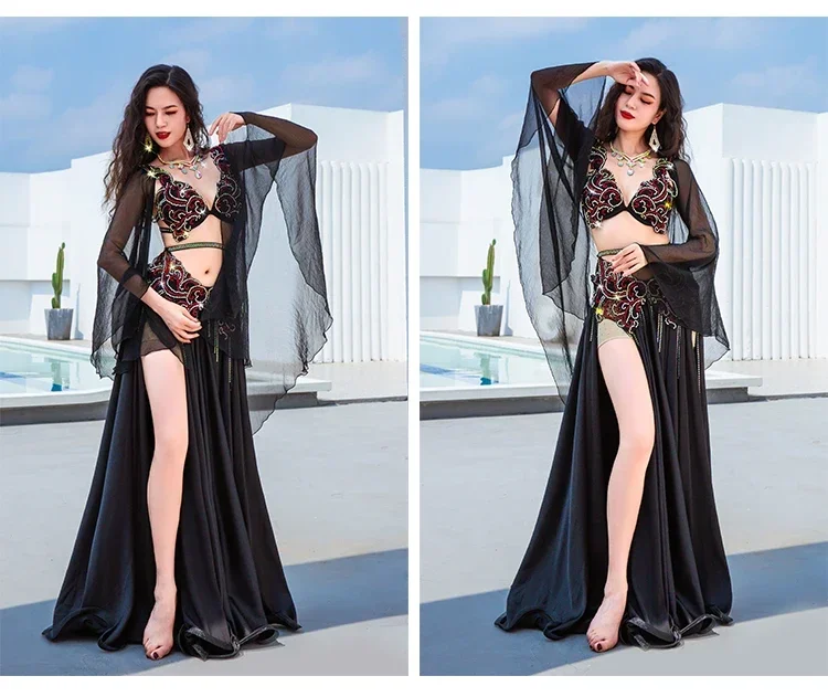 Professionelles Bauchtanz-Kostümset für Damen, schwebender Tüllrock mit großem Schwung, Bühnen- und Wettbewerbskleidung, Bauchtanz-Outfit – Detail 2
