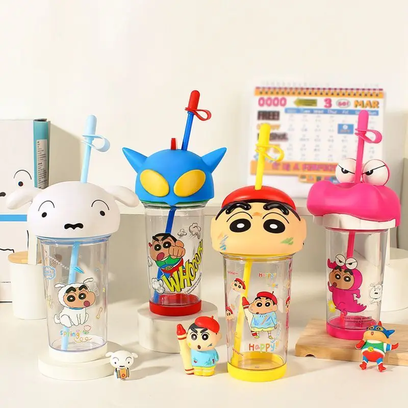 

New 500ml Crayon Shin-Chan Cute Big Head Cup Heat-Resistant Tritan Plastic Water Cup Large Capacity Portable Straw Cup Toy Gifts