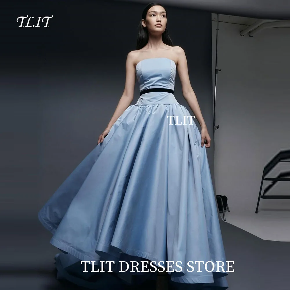 فساتين سهرة أنيقة من قماش التفتا الأزرق على شكل حرف a من TLIT بدون حمالات وشاحات سوداء فساتين حفلات مناسبة رسمية مخصصة فيستدوس دي نوش