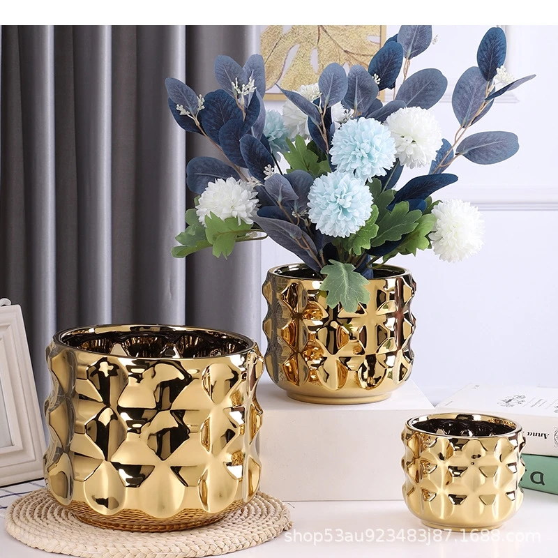 

Gold Ceramic Flower Pot Geometry Vase Golden Planting Succulent Flowerpot Garden Floral Arrangement Accessories