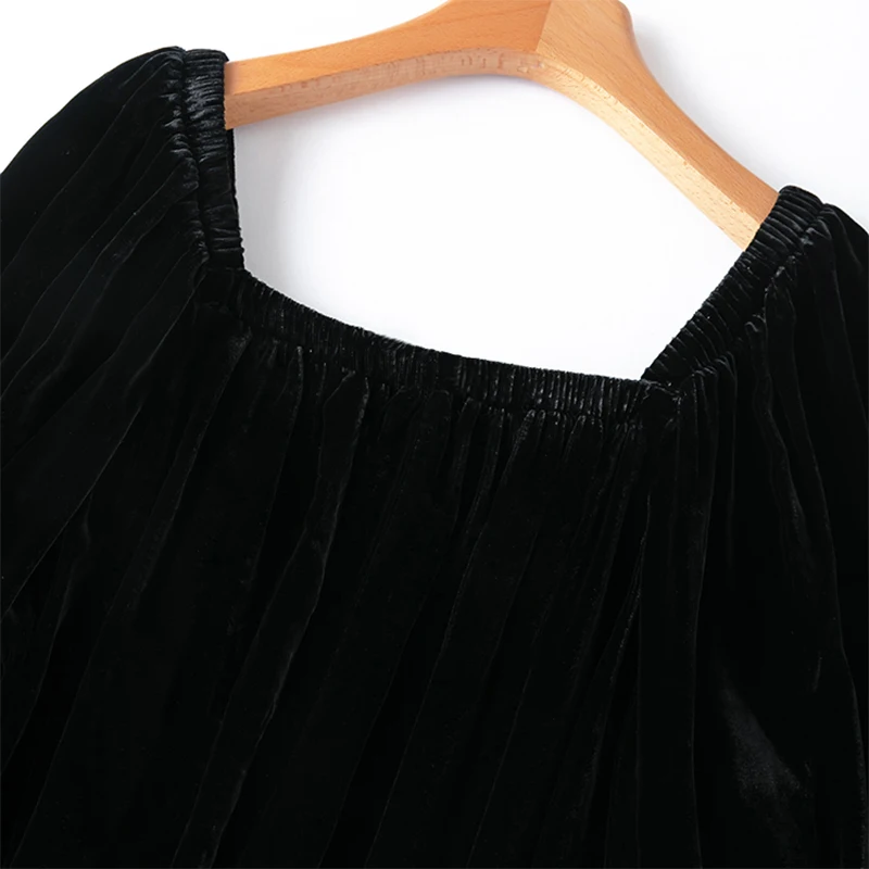 100% Mulberry Silk Lining Women Silk Velvet Dress  Baby Doll Solid Color Black A-line Midi Dress Office Lady M1194